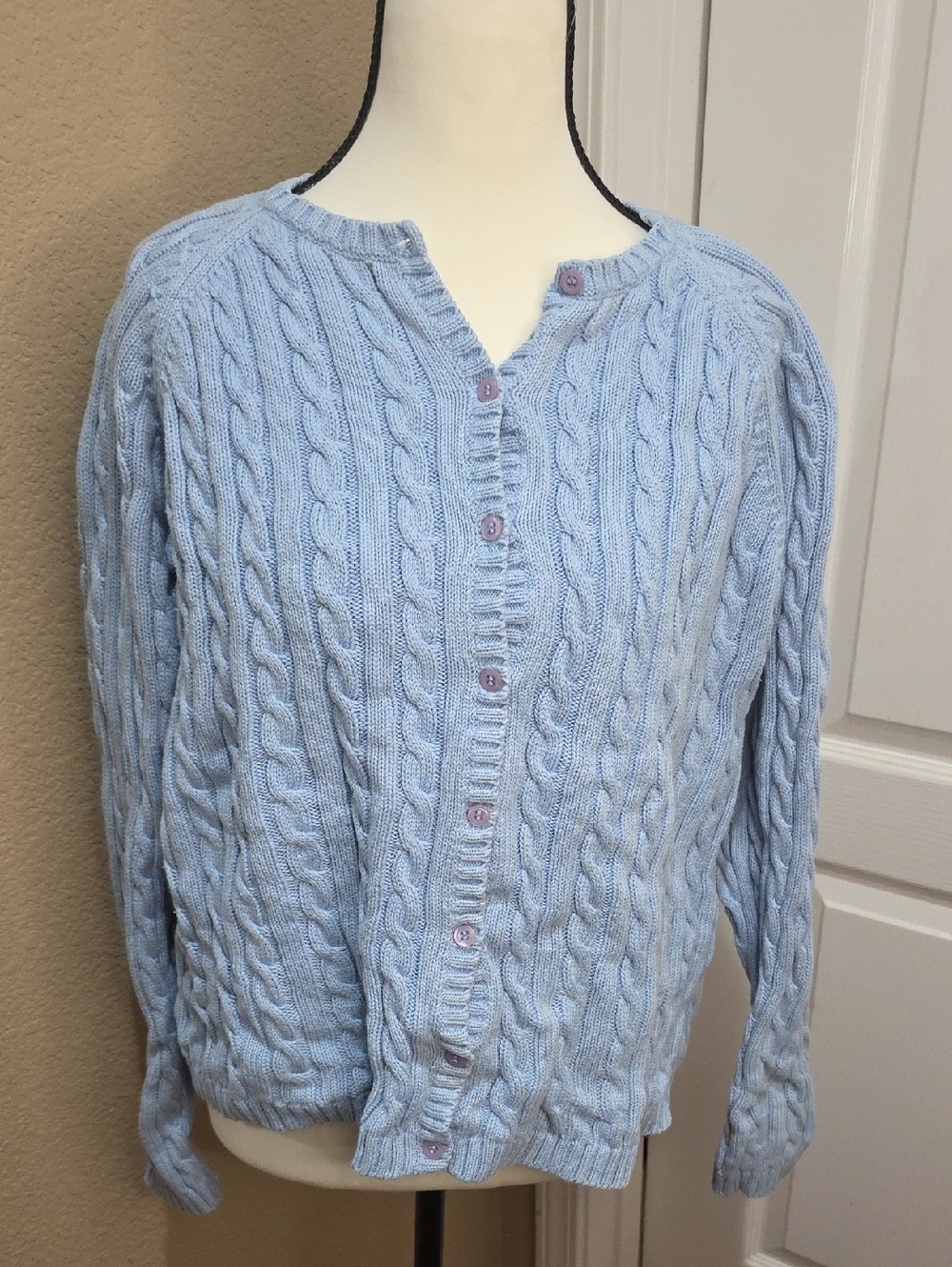 L.L. Bean Light Blue Cable Knit Cardigan Vtg